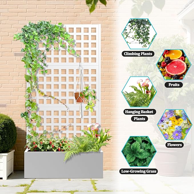 Metal Planter Box with Trellis, Planter Box with Privacy Screen, Privacy Trellis Outdoor for Climbing Plants with Drainage Holes, Raised Garden Bed for Vegetables