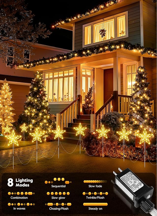 Christmas Pathway Lights Outdoor, 10 Large Outside Christmas Star Lights Decorations for Yard, Waterproof Stake Decorative Star Light for Sidewalk Lawn Path Walkway Driveway Marker, Warm White