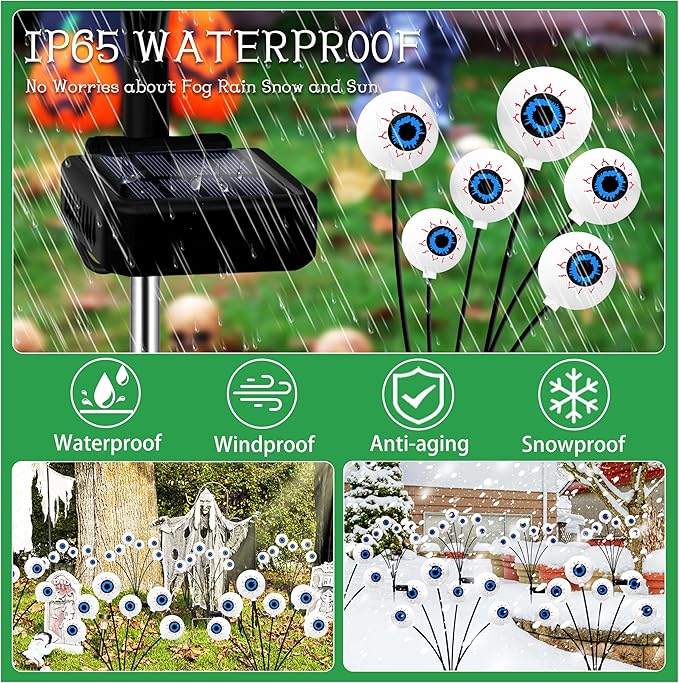 Kohlrabi Halloween Decorations Outdoor, 6 Pack 36 LED Solar Scary Eyeball Swaying Lights, Green Solar Firefly Light Waterproof Outdoor Garden Lights for Halloween Yard Garden Lawn Party Flower Bed