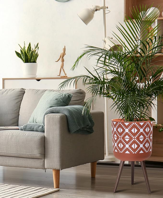 D'vine Dev 14 Inch Planter Pot with Stand, Mid-Century Tall Plant Pot with Legs for Indoor Plants, Pottery Red Terracotta/White, 88-G-D-5