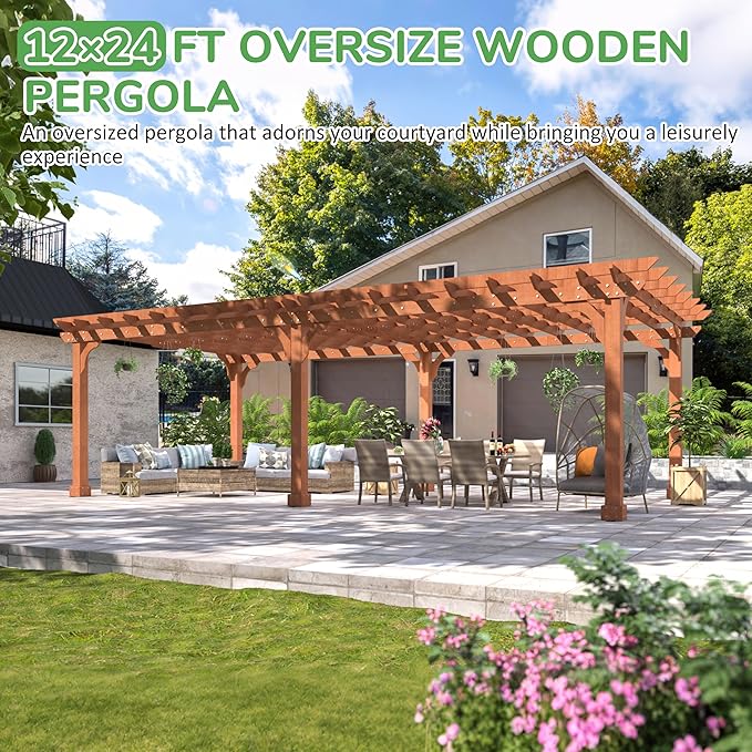 BlueWish 12’x24’ Outdoor Pergola, Patio Pergola with Slatted Roof Trellis, Cedar Wood Pergolas Backyard Gazebo with Solid Structure for Deck Yard Grill Party Garden