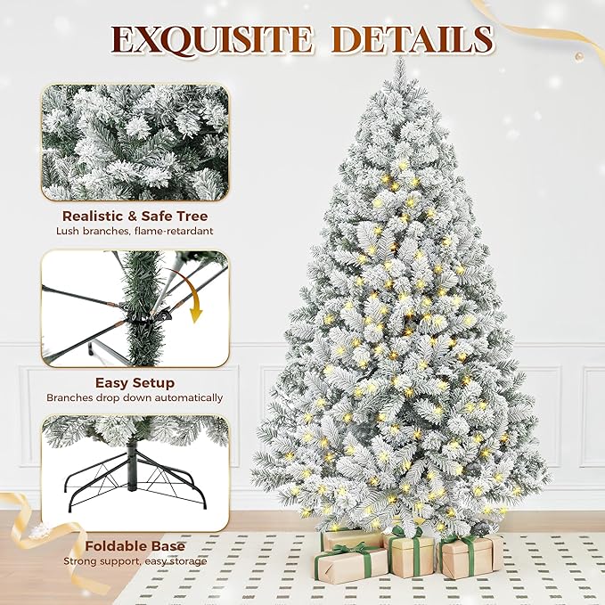 HOLLO STAR 9 ft Flocked Prelit Christmas Tree with 753 LED Lights, App Control, Artificial Christmas Tree, Multi-Color RGBW Lights, 2100 Branch Tips, Snow Xmas Tree, for Home, Party