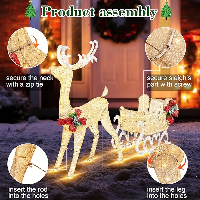 Vongrasig 4FT Lighted Christmas Reindeer & Sleigh Outdoor Yard Decoration Set W/ 205 LED Lights & 8 Ground Stakes, Zip Ties, Artificial Xmas Lighted Holiday Decor for Indoor and Outdoor(Gold)