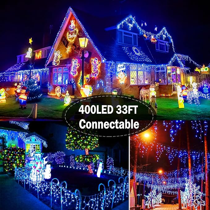 KNONEW Christmas Lights Outdoor Decorations 400 LED 33ft 8 Modes Curtain String Light with 75 Drops, Clear Wire LED Fairy Light Indoor Decor for Wedding Party Christmas Decorations(Blue)
