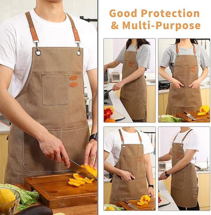 Tosewever Canvas Cross Back Chef Cotton Aprons for Men Women with Large Pockets