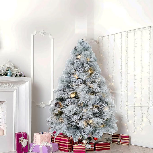 Darla 4.5ft Snow Flocked Rotating Christmas Tree with Star Projector, 22 Pine Cones, 308 Branch Tips, 130 Warm Lights and Rotating Base, 33" Wide Snowy Frosted Pine Christmas Tree with Lights