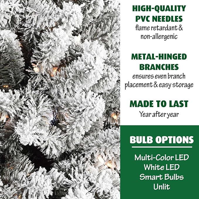 Fraser Hill Farm 6.5-Ft. Alaskan Pine Flocked Artificial Christmas Tree with Warm White LED Lights and Stand, Prelit Foldable Fake Tree with Realistic Snowy Foliage for Home Decoration