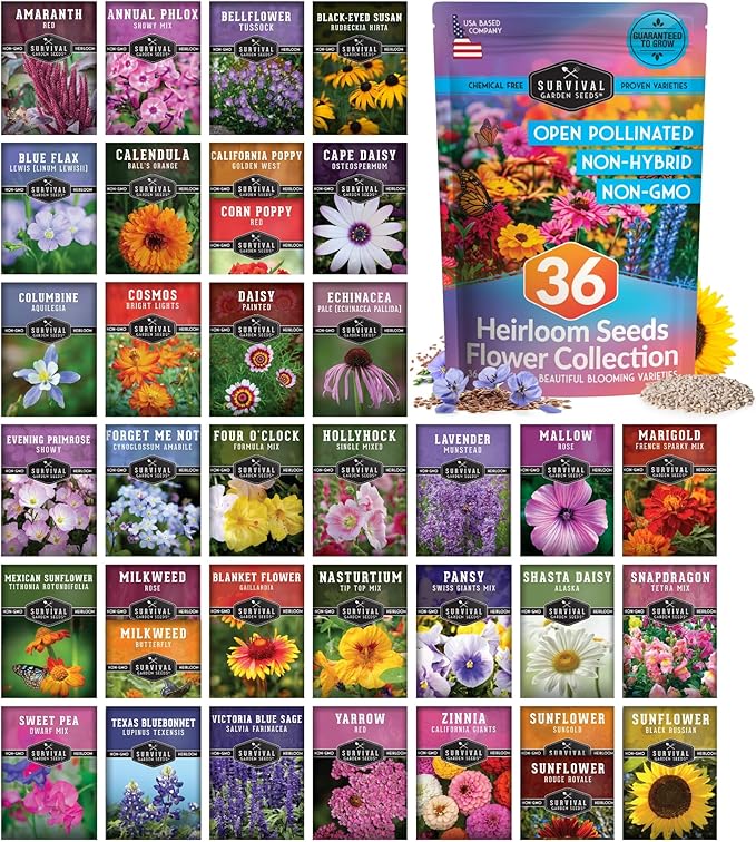 Flower Seeds Garden Kit - 36 Packs of Annual & Perennial Flowers for Planting – with Wildflowers for Pollinators, Bees, Butterflies | Heirloom Non-GMO Seed Starter Pack – Survival Garden Seeds
