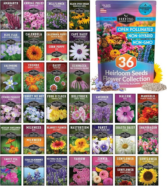 Flower Seeds Garden Kit - 36 Packs of Annual & Perennial Flowers for Planting – with Wildflowers for Pollinators, Bees, Butterflies | Heirloom Non-GMO Seed Starter Pack – Survival Garden Seeds