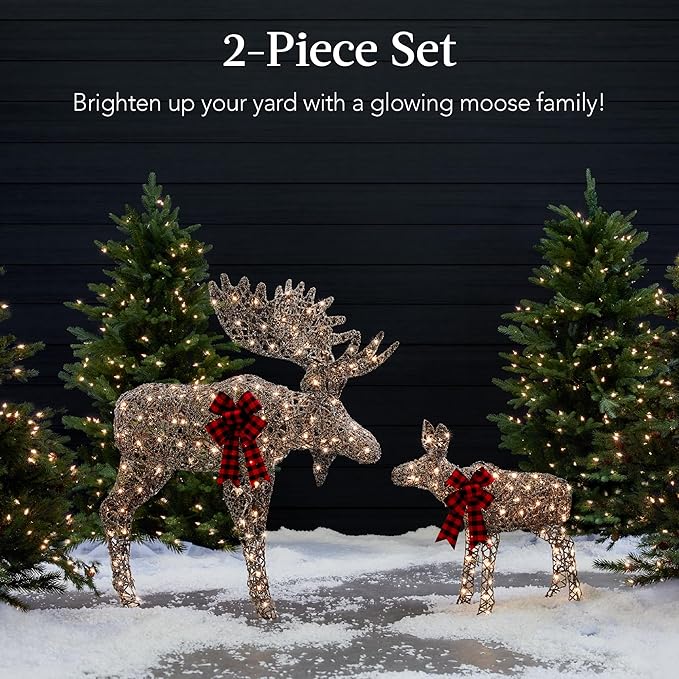 Best Choice Products 5ft 2-Piece Moose Family, Lighted Outdoor Christmas Yard Decoration, Light-Up Décor Set w/ 370 LED Lights, Zip Ties - Rattan