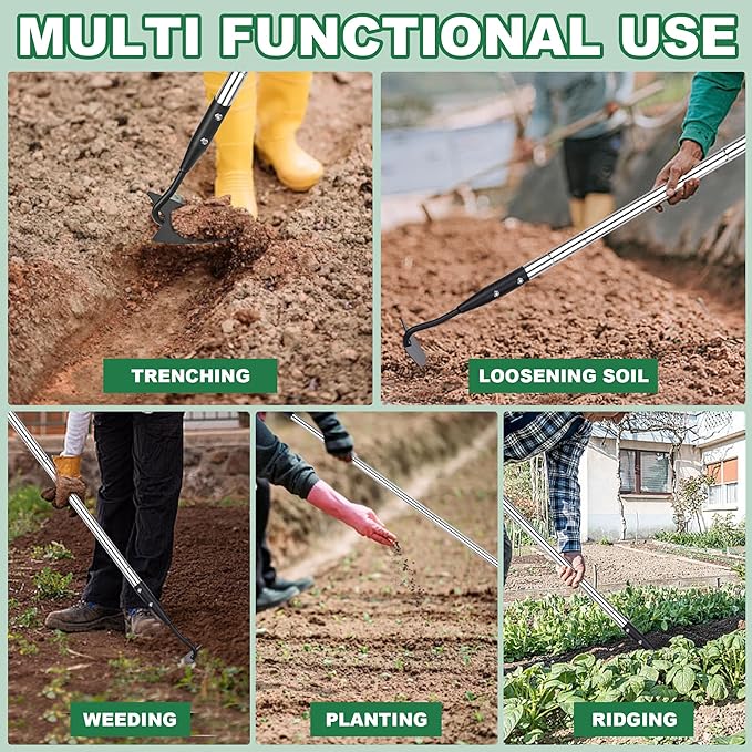 Warren Hoe, Carbon Steel Triangle Garden Hoe with Stainless Steel 57" Adjustable Long Handle, Heavy Duty Gardening Hand Tools Hoe for Ridging Weeding Digging Loosening Edging Soil, balck