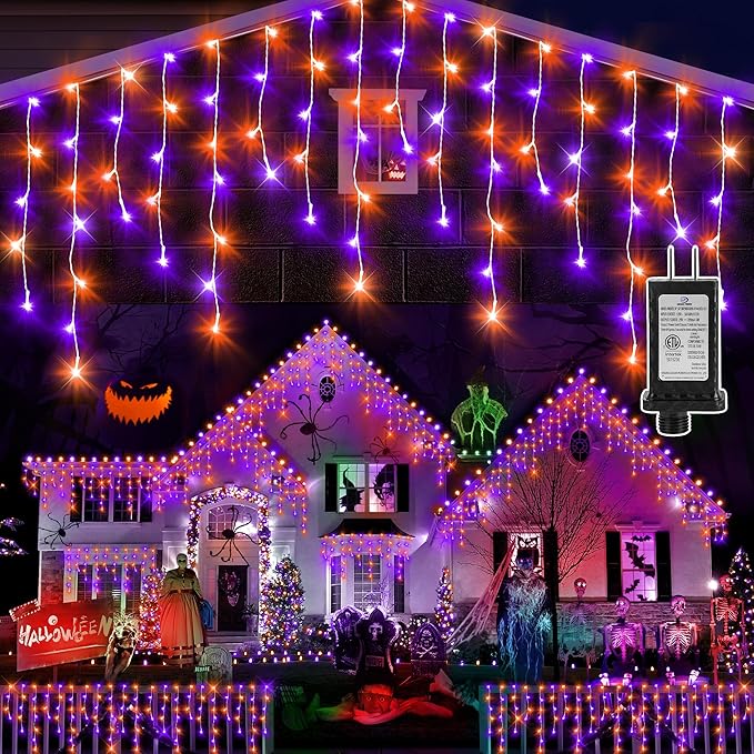 KNONEW 99FT 1216 LED Halloween Lights Decortation Orange Purple String Lights Outdoor with 228 Drops, 8 Lighting Modes, Timer Memory Function Hanging Curtain Lights for Halloween Party Decor