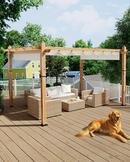 Garvee 10x13 Ft Outdoor Pergola Faux Wood Grain Aluminum Gazebo with Retractable Canopy for Patio Modern Backyard Deck Porch Grape Trellis(Beige)