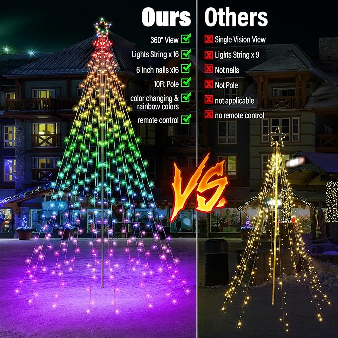 Lomotech RGB Color Changing Christmas Tree Lights - 10Ft 404 LED with 7.08" Topper, Remote Controll Waterproof Iron Pole Waterfall Holiday Tree Lights for Outdoor Christmas Decorations