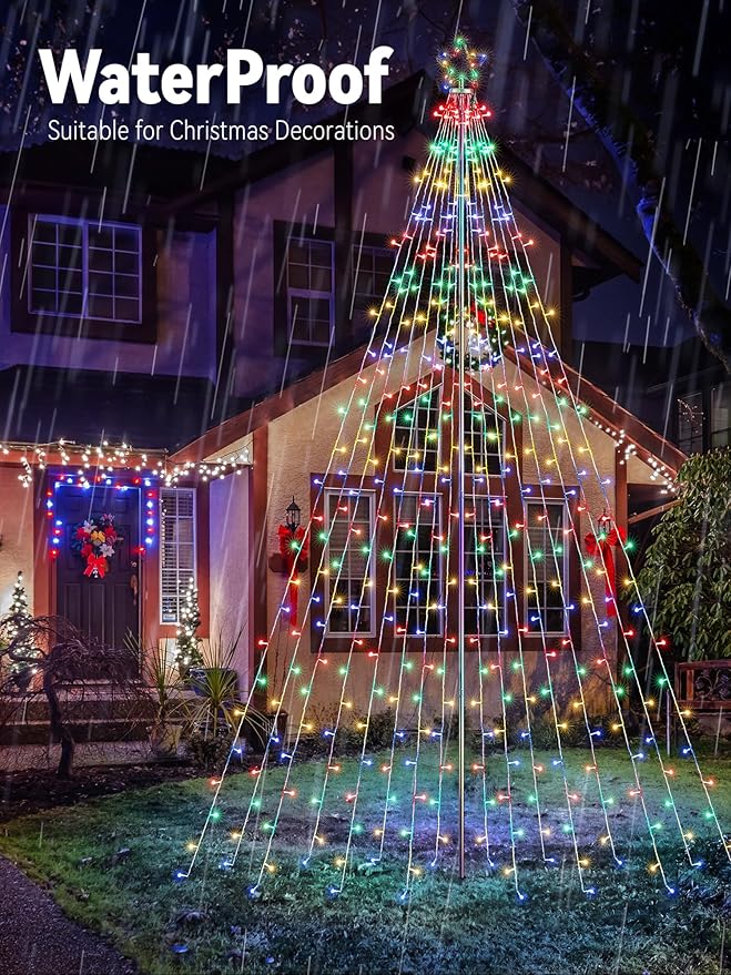 Lomotech Color Changing Christmas Tree Lights - 16Ft 664 LED with 10.5" Topper, Remote Controll Waterproof Iron Pole Waterfall Lights for Outdoor Christmas Decorations (Warm White to Multicolor)