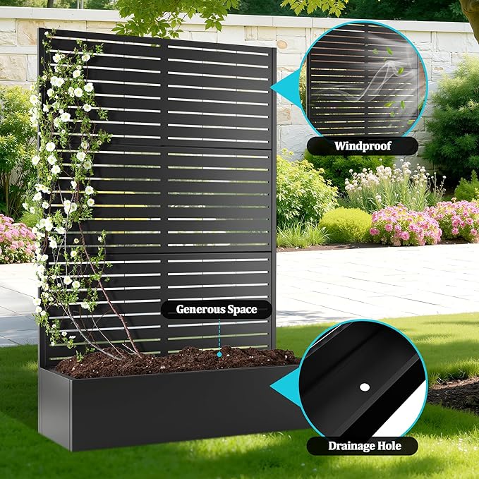 Metal Planter Box with Trellis, Planter Box with Privacy Screen, Privacy Trellis Outdoor for Climbing Plants with Drainage Holes, Raised Garden Bed for Vegetables