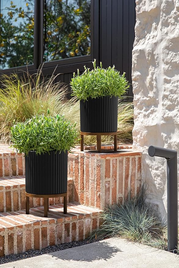 Veradek Demi Series Round Planter w/Stand for Porch/Patio | Durable Plastic-Stone Composite & Wooden Stand | Modern Décor for Tall Plants, Flowers