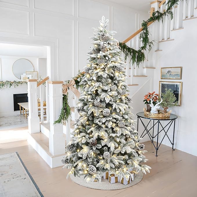 LuxenHome 7FT Christmas Tree with Lights, Flocked Artificial Christmas Tree with 8 Lighting Functions, 330 LED Lights, Pine Cone, Prelit Xmas Trees for Indoor and Outdoor Holiday Decor