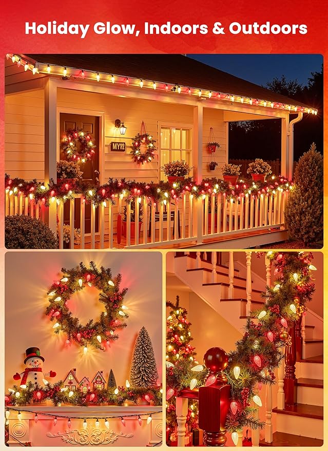 C9 LED Christmas Lights Outdoor, 81 Feet 100 LED String With Timer & 8 Light Mode, Waterproof Commercial Grade Christmas Tree for Outside Indoor Roofline Patio Decor, Red & White