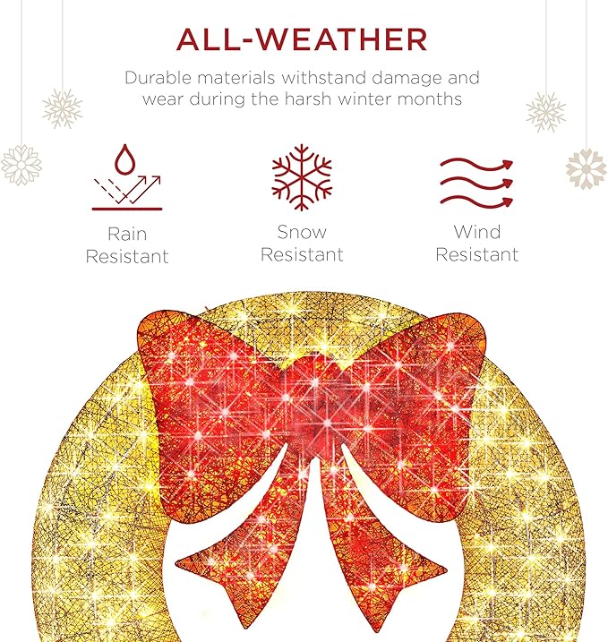 Best Choice Products 48in Pre-Lit Outdoor Christmas Wreath Decoration, LED Metal Holiday Decor for Home w/ 140 Lights, Bow - Gold/Red