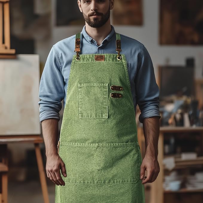 LEATHER VILLAGE Chef Aprons for Men Women with Large Pockets, Cotton Canvas Cross Back Adjustable Work Apron, Size M to XXL