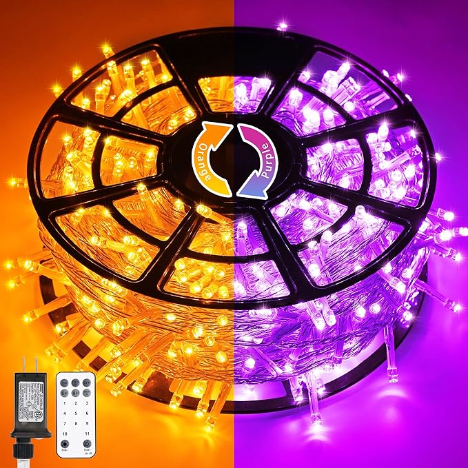 JMEXSUSS 168ft 600 LED Halloween Decor Lights Outdoor Clear Wire, Orange Purple String Lights Indoor Plug in,Halloween Lights for Tree Porch Yard Decorations
