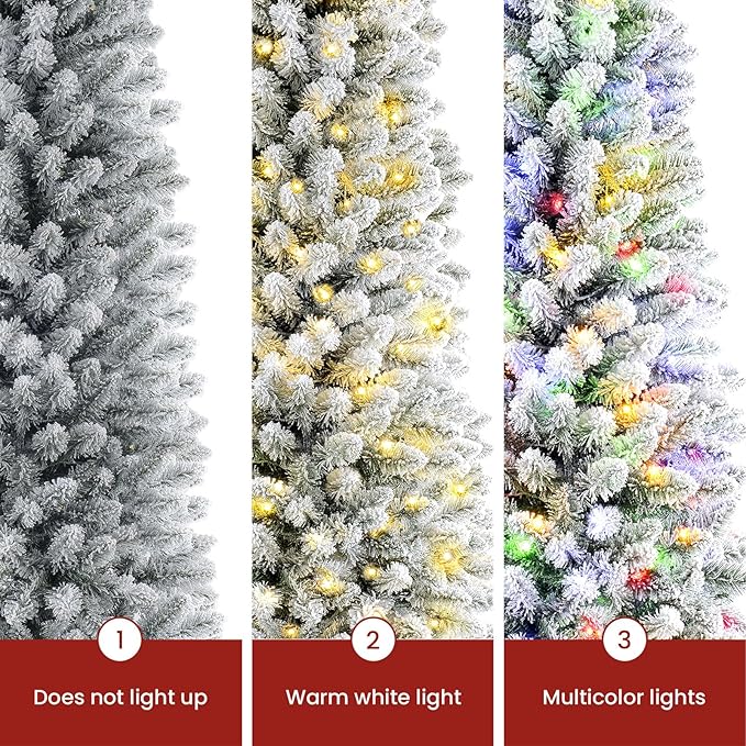 SHareconn 9ft Pre-Lit Flocked Spruce Artificial Hinged Christmas Tree with Remote, Timer and 640 Warm White & Multi-Color Lights, 2316 Branch Tips, Perfect Choice for Xmas Decoration, 9 FT, White