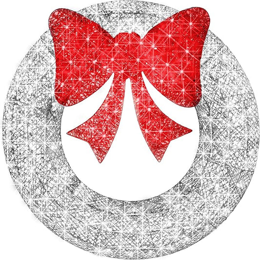 Best Choice Products 60in Pre-Lit Outdoor Christmas Wreath Decoration, LED Metal Holiday Decor for Home Exterior, Garden w/ 206 Lights, Bow - Silver/Red