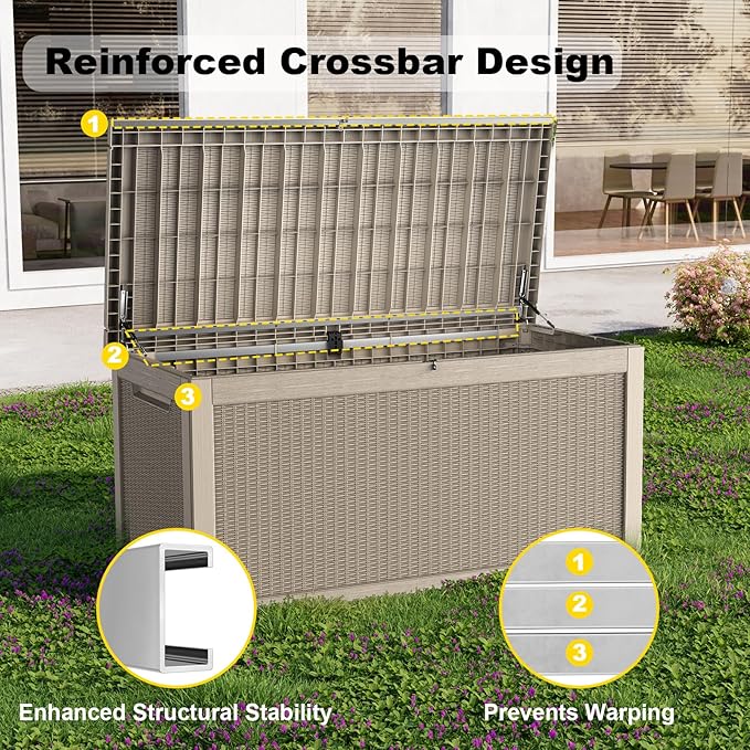 320 Gallon Waterproof Outdoor Storage Box, UV Resistant Resin Deck Box with Hydraulic Rod for Reinforced Stability, Perfect for Patio, Garden, and Pool, Grey