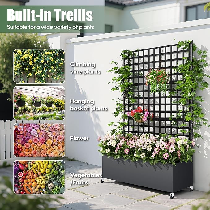 Metal Planter Box with Trellis Privacy Screen, Raised Garden Bed with Lattice Trellis & Wheels, Privacy Planters for Patio, Planter Box for Climbing Plants, Flower, 73"x 47"x 16", Black
