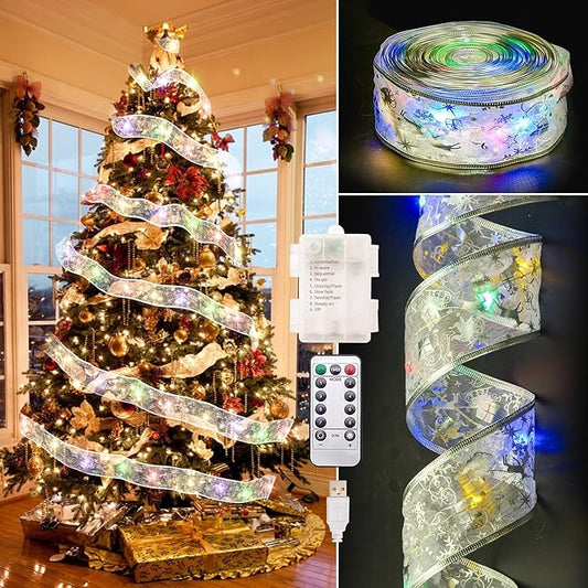 Christmas Decorations, 2.5Inch x 33Ft 100 Led Christmas Tree Ribbon Lights with Remote Control, Battery Operated & USB Powered 8 Lighting Modes Fairy String Lights with Timer for Xmas Decor