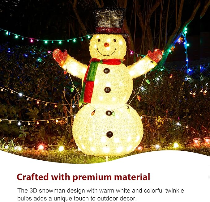 Glitzhome 4FT Lighted Christmas Snowman, 3D Foldable Fabric Outdoor Snowman Decor with Colorful Bulbs Holiday Lawn Ornament Yard Decoration Outdoor and Indoor use Long-Lasting, 160 Warm White LED