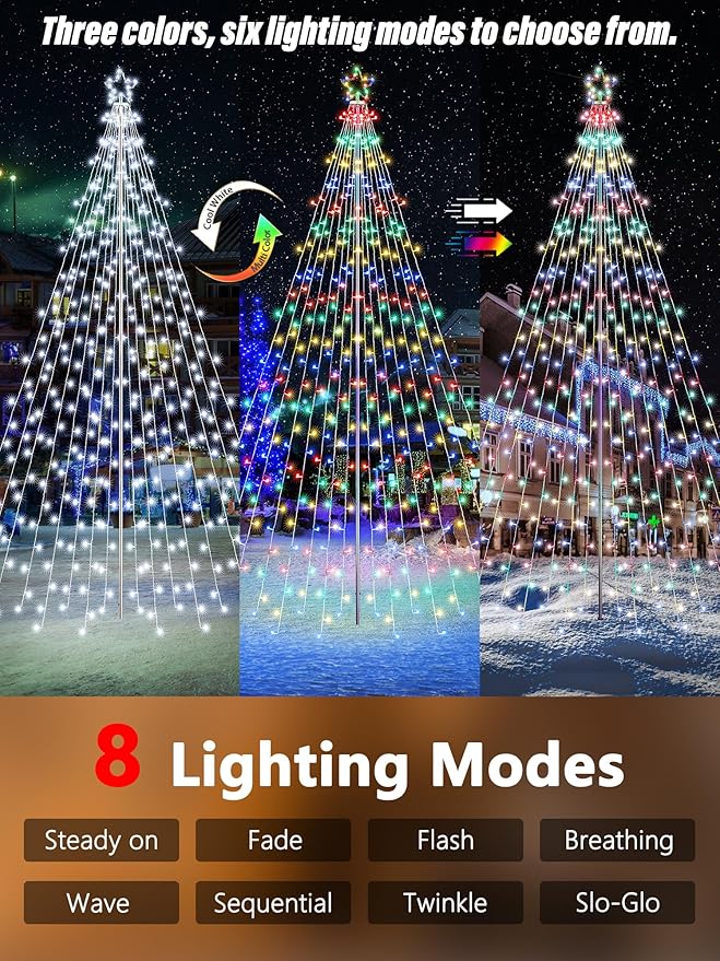 Lomotech Color Changing Christmas Tree Lights - 16Ft 664 LED with 10.5" Topper, Remote Controll Waterproof Iron Pole Waterfall Lights for Outdoor Christmas Decorations (White to Multicolor)