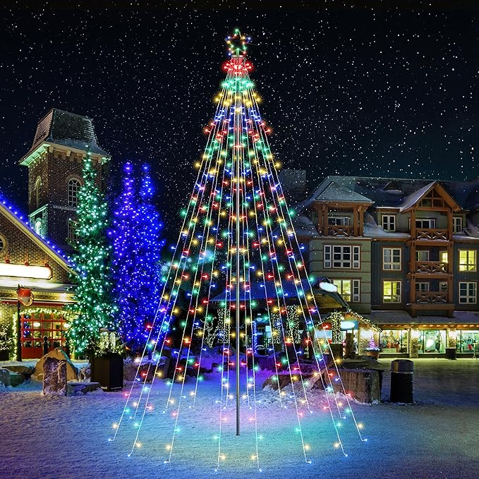 Lomotech Christmas Tree Lights - 10Ft 404 LED with 7.08" Topper, Remote Controll Waterproof Iron Pole Waterfall Lights for Outdoor Christmas Decorations (Multicolor)