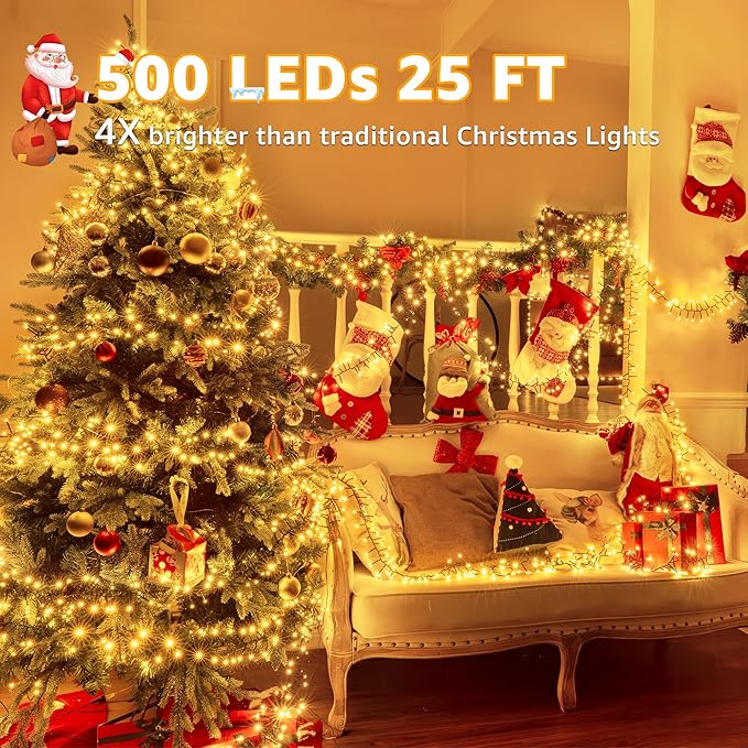 500 LED 25 FT Cluster Lights, Warm White Christmas Tree Lights 8 Modes Timer Remote, Waterproof String Lights for Indoor Outside Garland Xmas Decorations