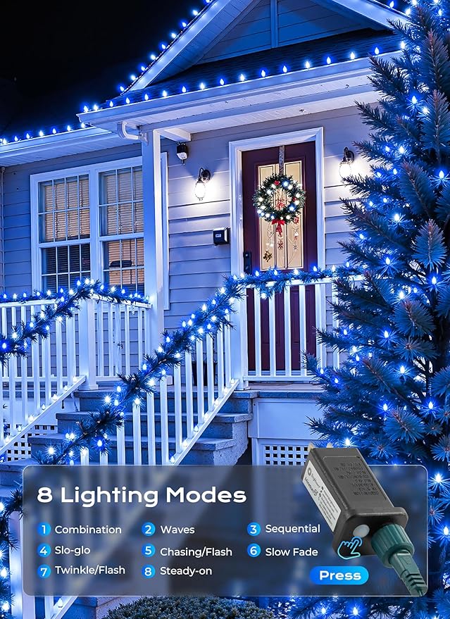 C9 Christmas Outdoor Lights, 72 FT 110 LED C9 String Lights, 8 Modes & Timer Extendable Waterproof for Christmas Tree Indoor Outdoor Roofline Patio Outside Backyard Holiday Xmas Decor, Blue White