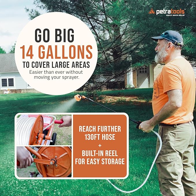 PetraTools 14 Gallon Push Cart Battery Powered Sprayer - Weed Sprayer for Lawn & Garden with 7 Nozzles, 90 PSI Electric Pump, Off Road Wheels, Battery Operated (HD14000 Prime - Large Cart)