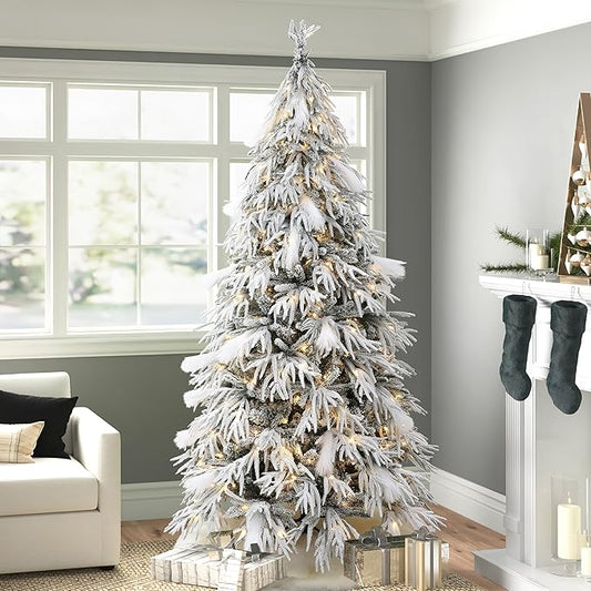 LuxenHome 7.5FT Flocked Artificial Christmas Tree, Downswept Branches Spruce Prelit Christmas Trees with 350 Warm White LED Lights and Feather Accents, 3514 PE+PVC Tips, Xmas Tree Holiday Decor