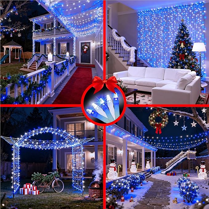 750 LED 256FT Christmas String Lights, Christmas Light with 8 Lighting Modes & Timer Memory, Plug in Outdoor Waterproof Clear Wire Twinkle Light for for Xmas Yard Tree Party Decor Blue and White