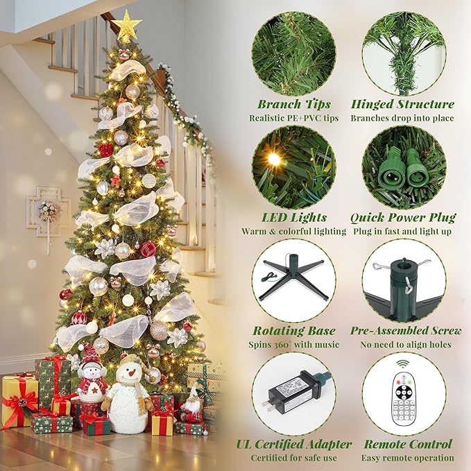 Pre-lit Christmas Christmas Tree, 6.5ft Green Slim Tree with Music Function, Skinny Xmas Holiday Decoration, 340 LEDs, 8 Lighting Modes, Rotating Stand