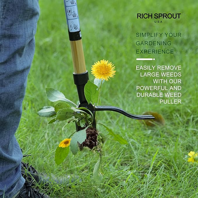 Stand Up Weed Puller Tool, Heavy Duty Weed Remover Tool with Long Handle, 3-Section Real Bamboo Construction - 4 Claw Steel Head Weeder Tool, Eco-Friendly Handle, No More Bendin