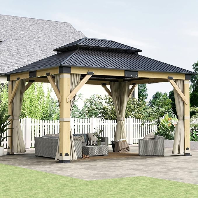 11x13FT Wood Gazebo, Outdoor Wooden Gazebo with Galvanized Steel Double Roof, Hardtop Gazebos for Garden, Patio, Deck, Backyard (w/Beige Curtain &Netting)