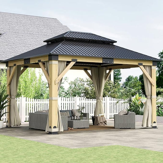 11x13FT Wood Gazebo, Outdoor Wooden Gazebo with Galvanized Steel Double Roof, Hardtop Gazebos for Garden, Patio, Deck, Backyard (w/Beige Curtain &Netting)