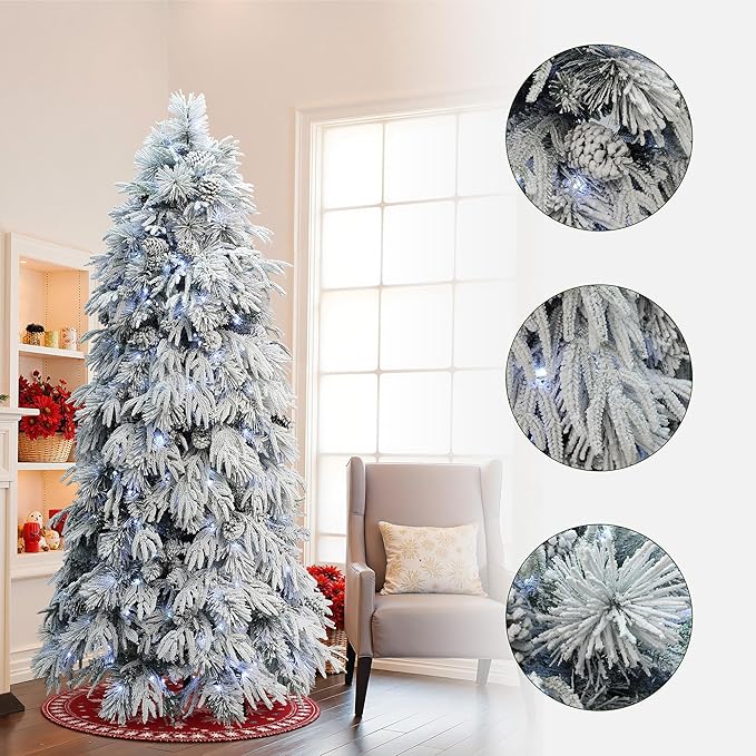LuxenHome 7FT Flocked Artificial Christmas Tree, Downswept Branches Prelit Christmas Tree Flocked with Feather Accents, Pinecone and 350 LED Lights, 2516 PE+PVC Tips, Xmas Tree Holiday Decor