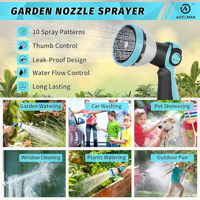 AUTOMAN Garden Hose Nozzle Sprayer - 10 Spray Patterns, High Pressure, Thumb Control On Off Valve, Metal Duty Water Nozzle, Extra 3 Washers, for Watering Garden, Cleaning, Washing Car, Showering Pets