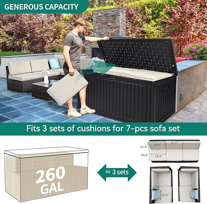 YITAHOME 260 Gallon Extra Large Deck Box, Double-Wall Resin Outdoor Storage Box with Flexible Divider for Patio Cushions Pool Supplies Garden Tools, 1000lbs Load Capacity, Lockable&Waterproof (Black)