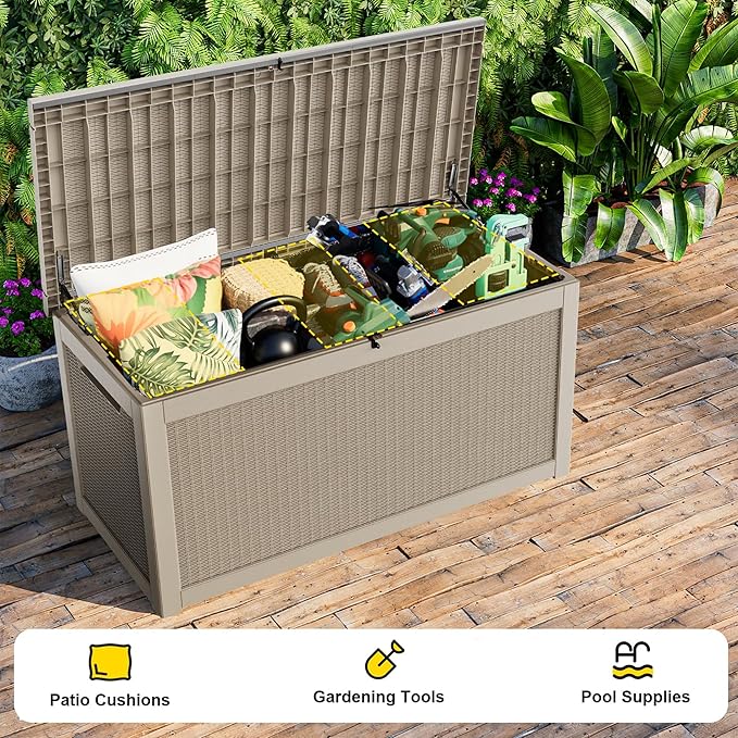 320 Gallon Waterproof Outdoor Storage Box, UV Resistant Resin Deck Box with Hydraulic Rod for Reinforced Stability, Perfect for Patio, Garden, and Pool, Grey