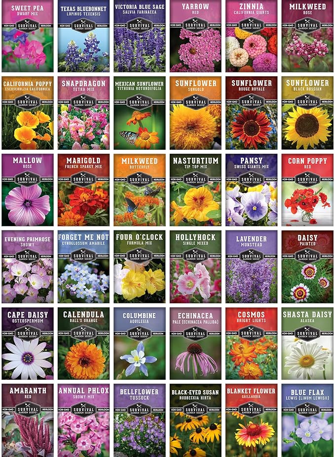 Flower Seeds Garden Kit - 36 Packs of Annual & Perennial Flowers for Planting – with Wildflowers for Pollinators, Bees, Butterflies | Heirloom Non-GMO Seed Starter Pack – Survival Garden Seeds