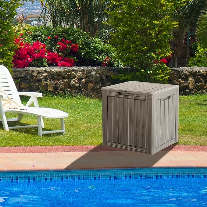 35 Gallon Resin Deck Box, Waterproof Outdoor Storage Bin for Patio, Poolside, and Garden, Lockable & UV-Resistant,Grey