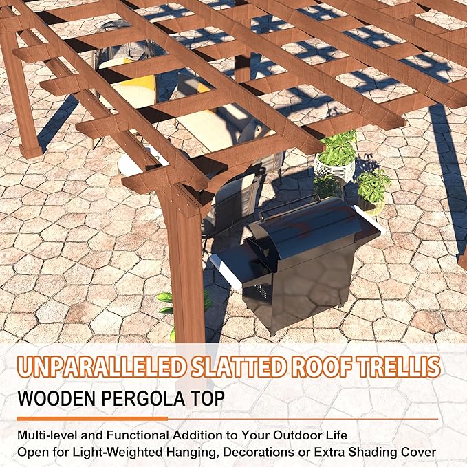 BlueWish 10' x 12' Patio Pergola, Cedar Wood Pergolas with Solid Structure, Pergola Kits, Outdoor Pergolas and Gazebos with Slatted Trellis Roof for Deck Backyard Grill Party Garden